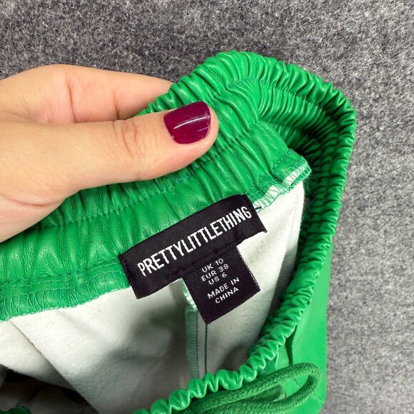 PRETTYLITTLETHING Pants Women 6 Green High Rise Drawstring Leather Flat Front - Picture 6 of 8
